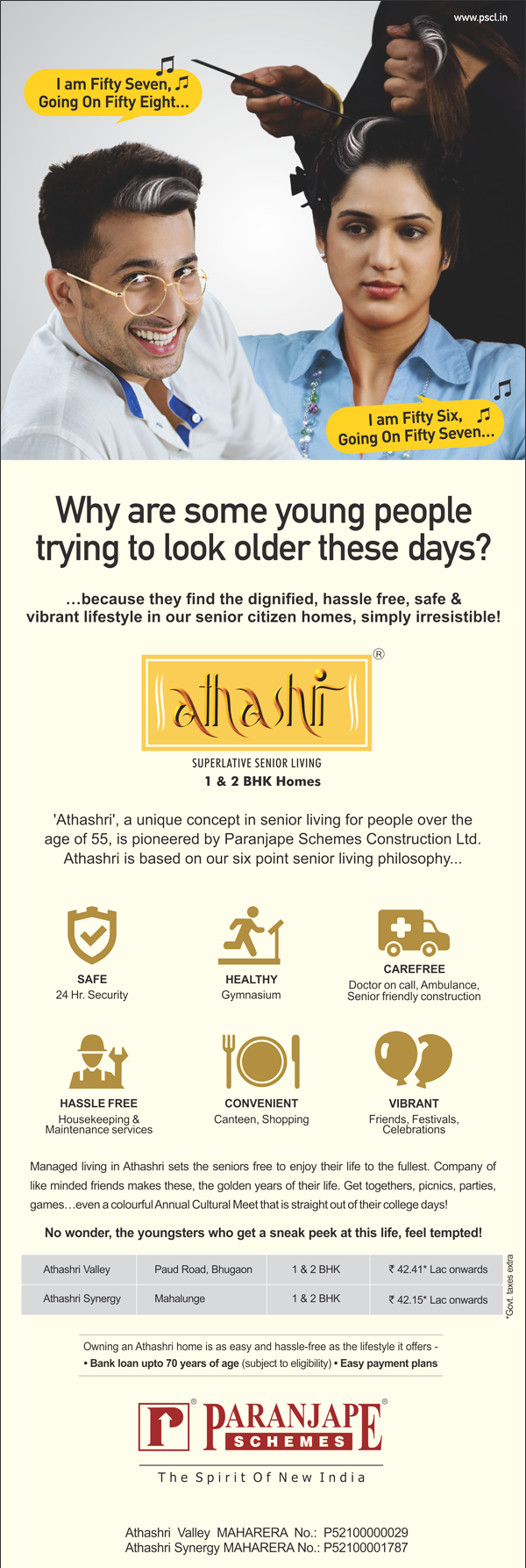 Buy 1 & 2 BHK homes in Athashri a senior living housing project by Paranjape Schemes